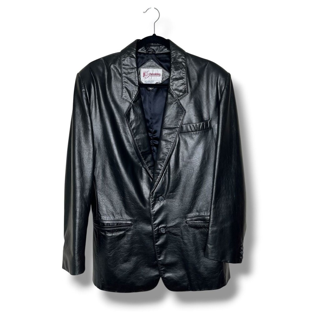 Vintage 1980s Chess King Black Leather Two Button Jacket Side Vented Men Size 42